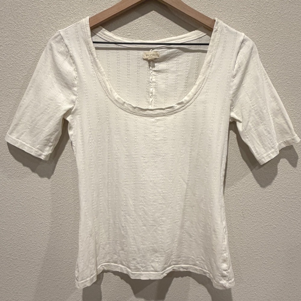 PILCRO Womens Scoop Neck Textured Stripe Short Sleeve Top Size S White